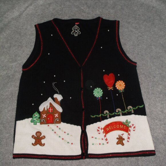Gingerbread House embroidered Christmas / Winter Sweater Vest - Women's Size XL - Picture 1 of 11